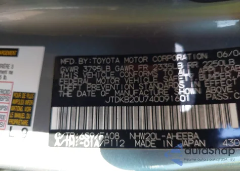 2004 Toyota Prius z USA, uszkodzony, nr VIN JTDKB20U740091601